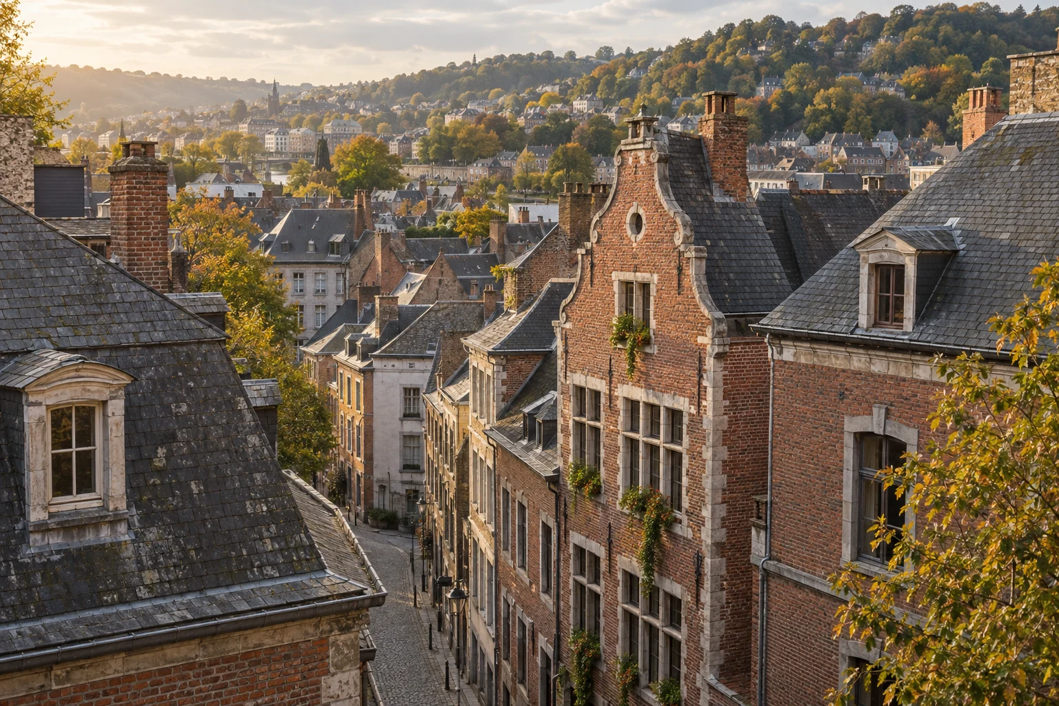 Sfeerbeeld van bakstenen huizen en leien daken, geïnspireerd op Luik