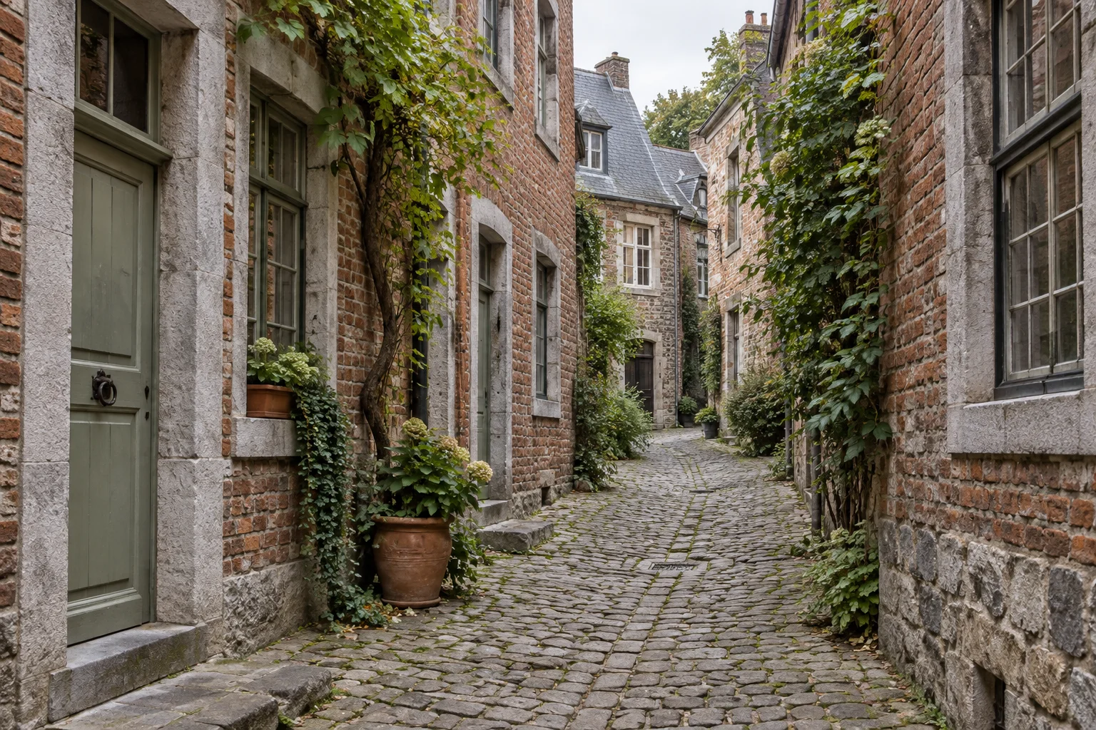 Sfeerbeeld van een smalle steeg met baksteen, natuursteen en oude ramen